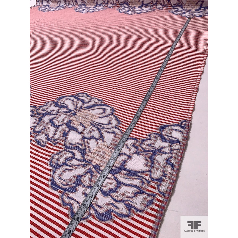 Horizontal Striped and Bold Floral Brocade Panel – Red / White / Blue Fabric by the Panel