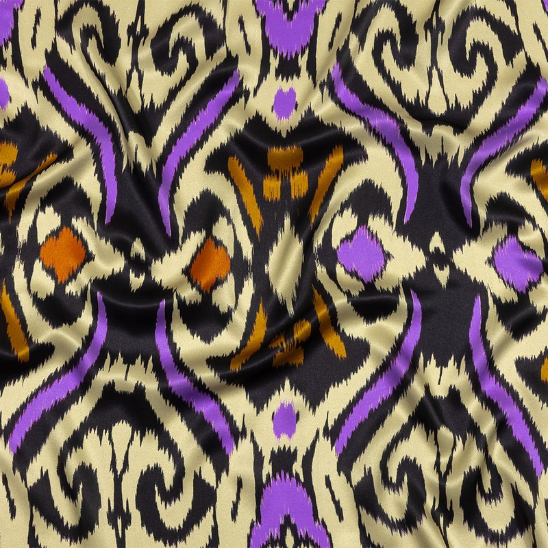 Italian Black, Purple and Orange Ikat Spots Silk Charmeuse