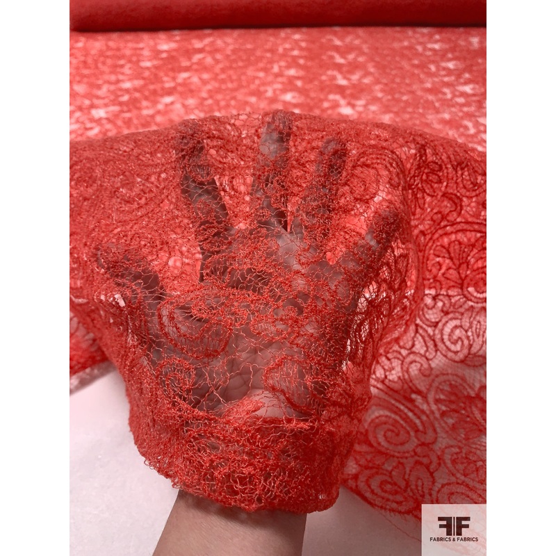 J Mendel Double-Scalloped Novelty Stiff Lace – Deep Coral Fabric by the Yard