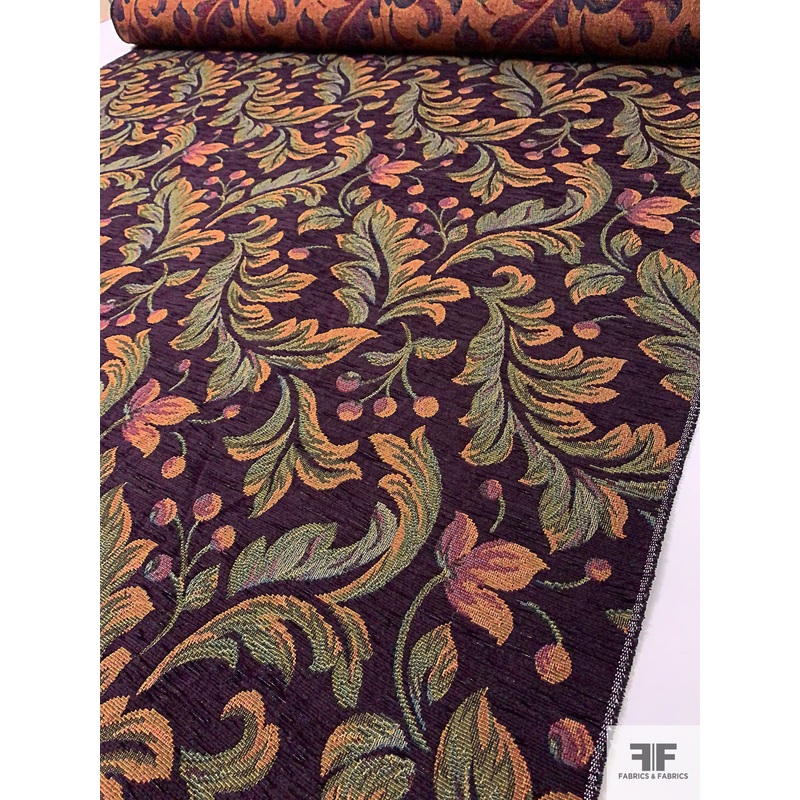 Leaf Blossom Tapestry-Look Brocade – Dark Purple / Greens / Turmeric / Red Fabric by the Yard