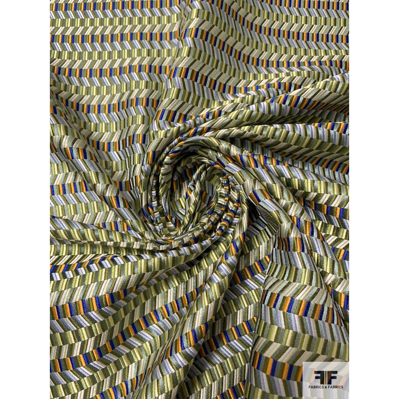 Modern Herringbone-Like Silk Necktie Jacquard Brocade – Greens / Blue / Grey Fabric by the Yard