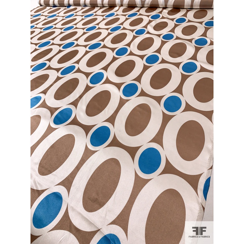 Oval Rings Printed Silk Charmeuse – Blue / Tan / Off-White Fabric by the Yard