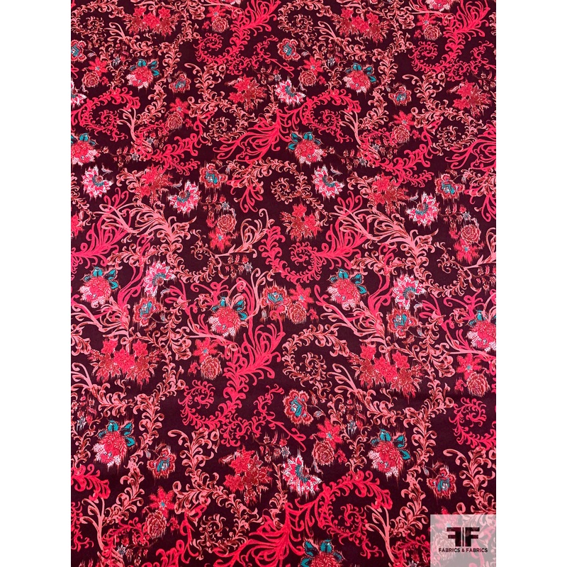 Prabal Gurung Ornate Floral Shrubs Printed Silk Charmeuse – Electric Coral / Maroon / Turquoise Fabric by the Yard
