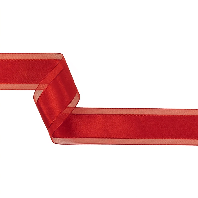 Red Woven Ribbon with Sheer Organza Borders – 1.5″