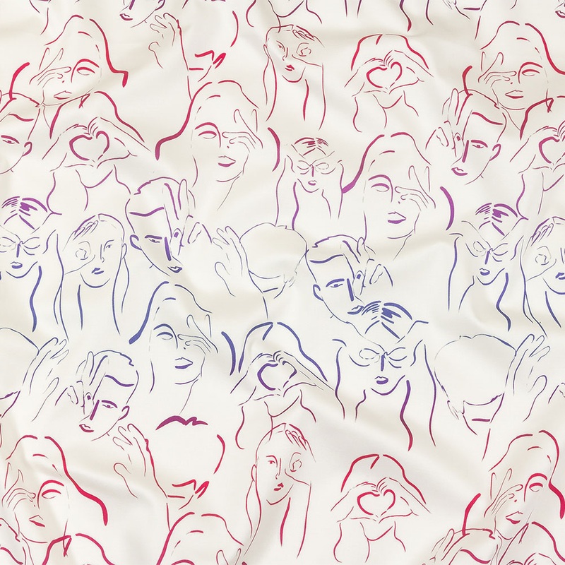 Stretch Cotton Sateen – Purple, Pink and Blue Faces and Hands – Language of Love Print – Mood Exclusive Pride Collection