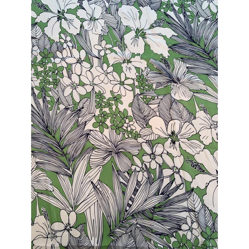 Tropical Floral and Leaf Printed Lightweight Silk Charmeuse – Moss Green / Cream / Black Fabric by the Yard