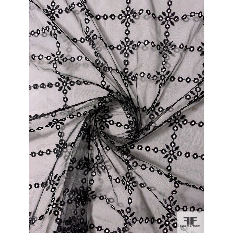 Circle and Floral Grid Fine Stretch Embroidered Eyelet Tulle with Lurex – Black / Metallic Black Fabric by the Yard