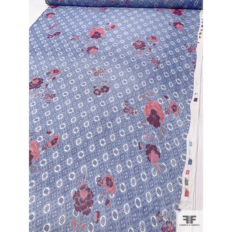 Floral Diamond Grid Printed Silk Chiffon – Blues / Boysenberry / Watermelon Pink Fabric by the Yard