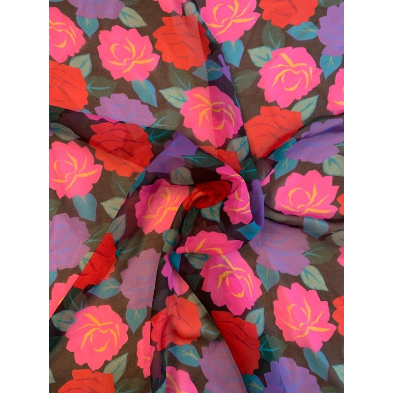 Floral Printed Silk Chiffon – Pink / Purple / Red / Teal / Black Fabric by the Yard