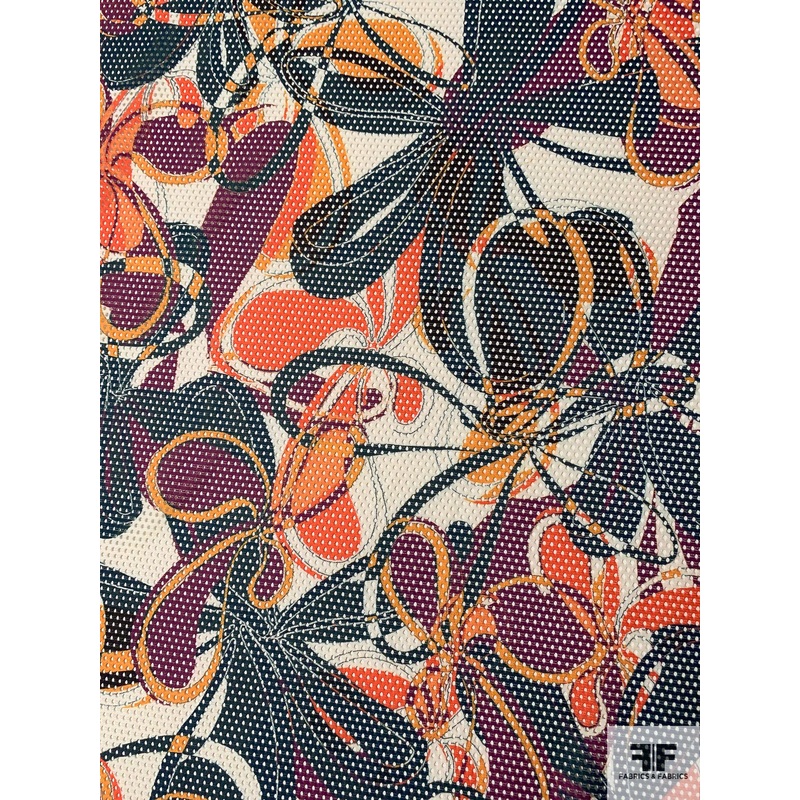 Groovy Floral Printed Stretch Mesh – Navy / Hot Orange / Orange / Purple / Off-White Fabric by the Yard