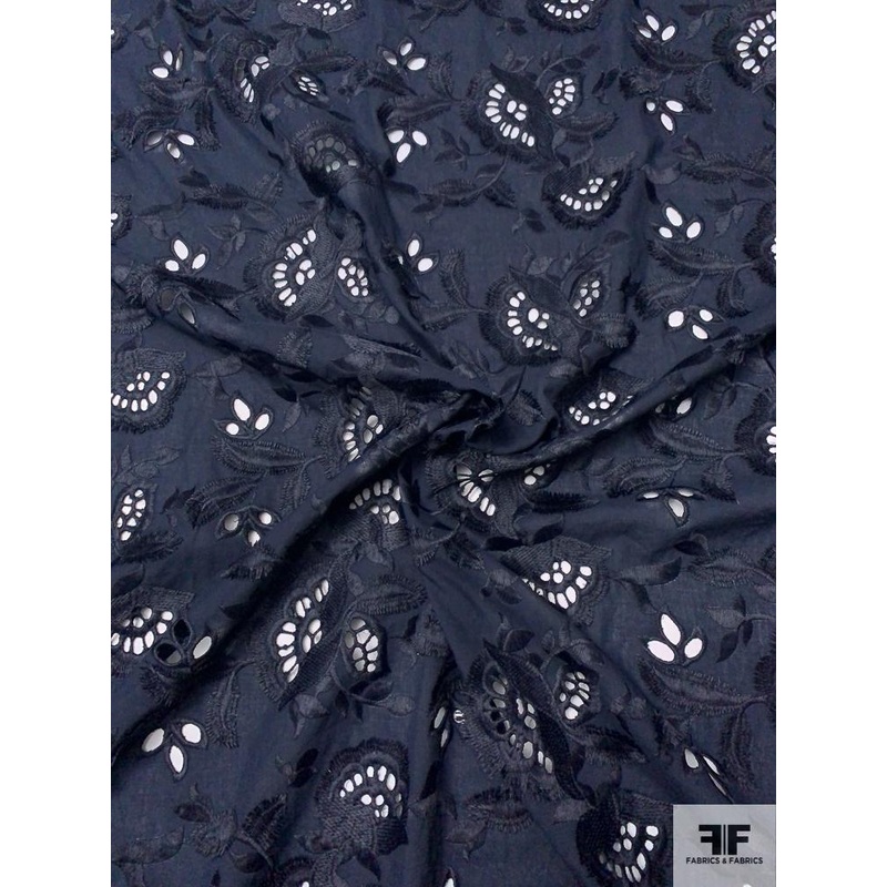 Lela Rose Floral Embroidered Cotton Voile Eyelet with Eyelash Detailing – Navy Fabric by the Yard