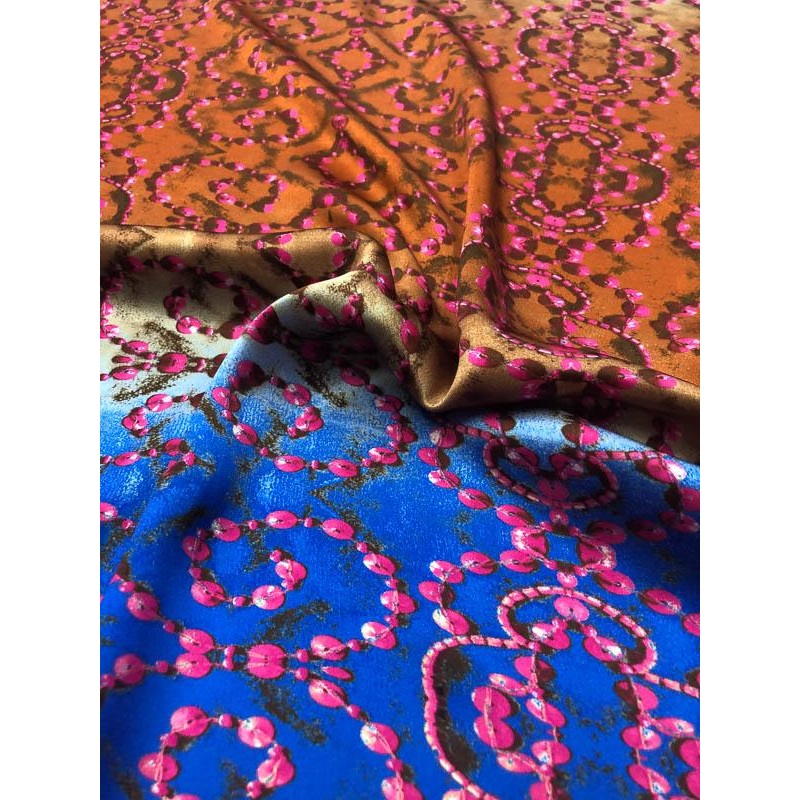 Ombr Abstract Border Printed Silk Charmeuse – Blue / Rust / Magenta Fabric by the Yard