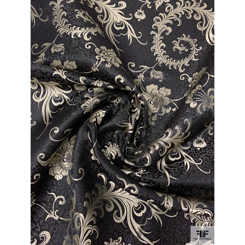 Paisley Floral Chinese Brocade – Black / White-Gold Fabric by the Yard