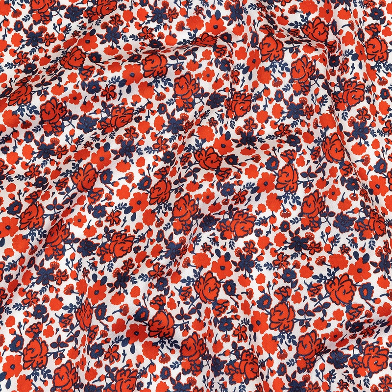 Red, Navy and White Little Flowers Cotton Sateen