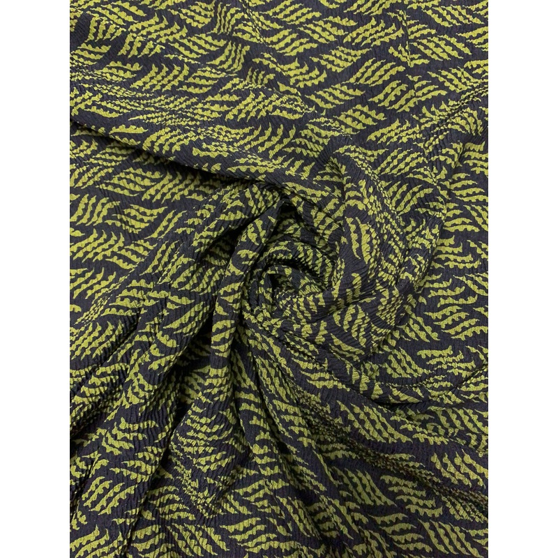 Wavy Graphic Printed Crinkled Silk-Rayon Challis – Olive Green / Black Fabric by the Yard