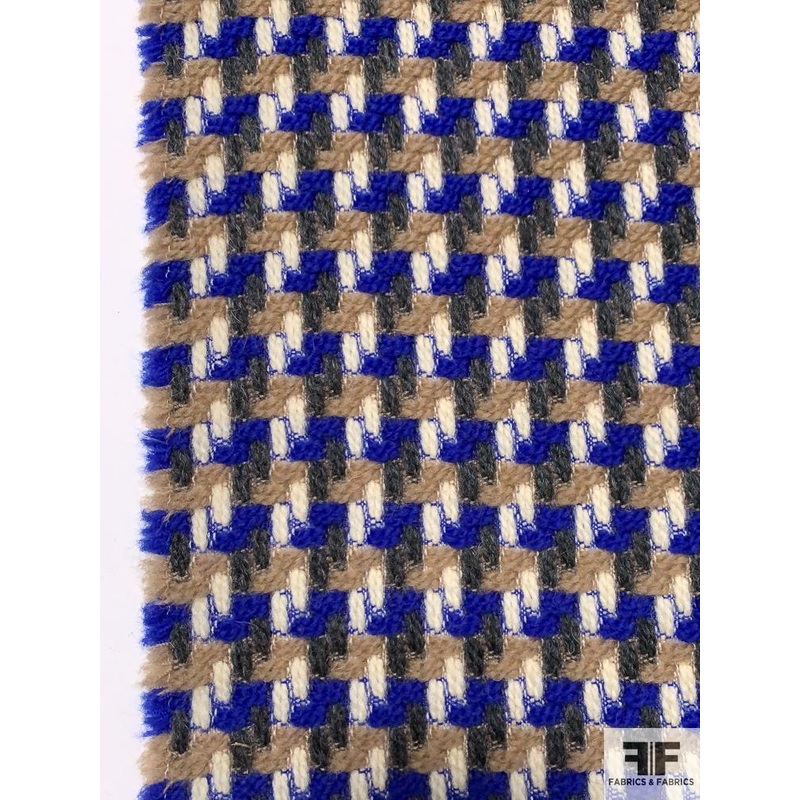 Woven Houndstooth Pattern Wool Coating – Royal Blue / Tan / Cream Fabric by the Yard