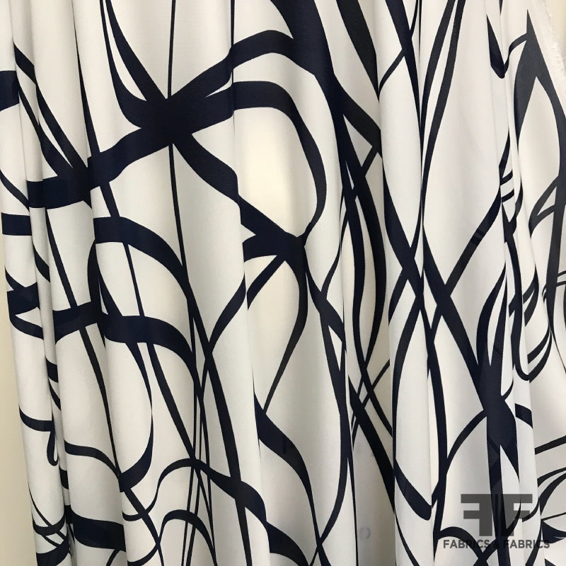 Abstract Lines Printed on Silk Georgette – Cream/Midnight Blue Fabric by the Yard