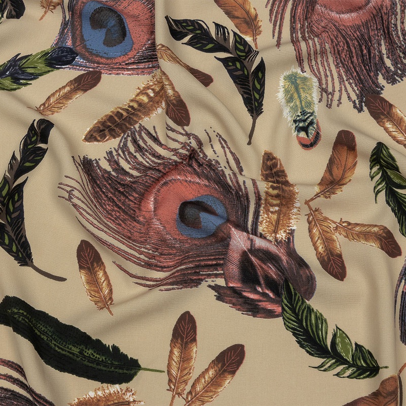 Beige, Red and Green Flying Feathers Polyester Woven