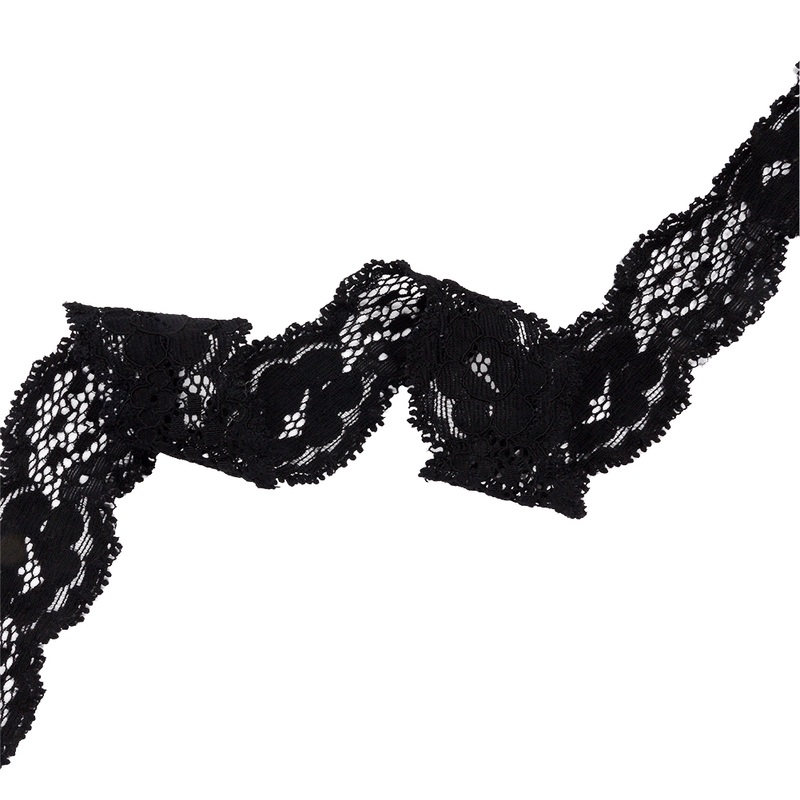 Black Floral and Scalloped Stretch Corded Lace Trim – 1.25″