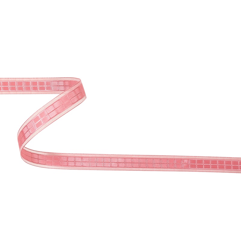 Bubblegum Pink Windowpane Checks and Sheer Borders Woven Ribbon – 0.625″