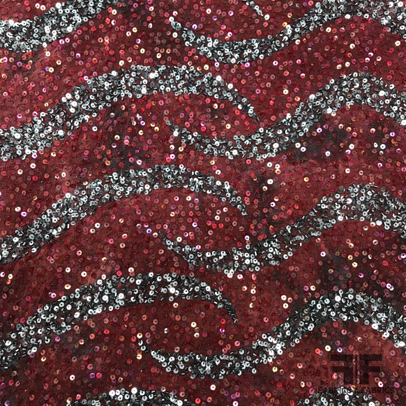 Couture Sequins on Georgette – Red/Deep Grey Fabric by the Yard