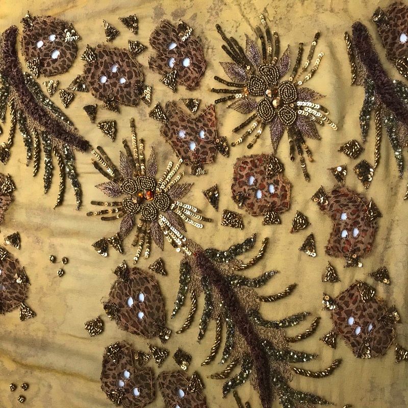 Detailed Hand Embroidered Silk Chiffon with Appliqus – Bronze Fabric by the Yard