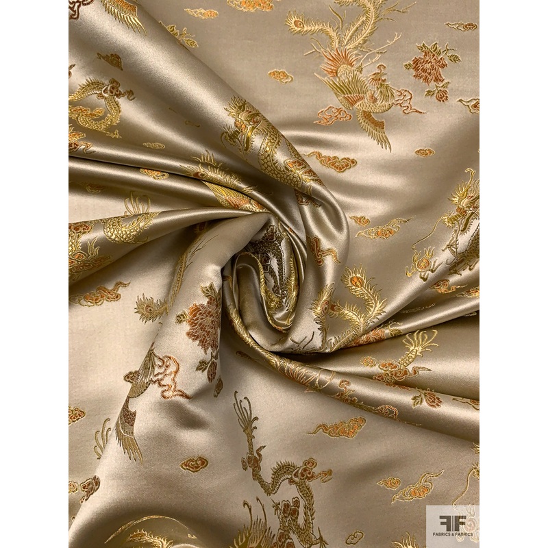 Dragon Motif Chinese Brocade – Ecru / Antique Turmeric / Antique Gold Fabric by the Yard