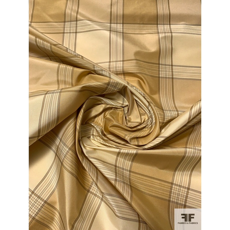 Gingham Plaid Yarn-Dyed Silk Taffeta – Antique Gold / Cream / Beige Fabric by the Yard