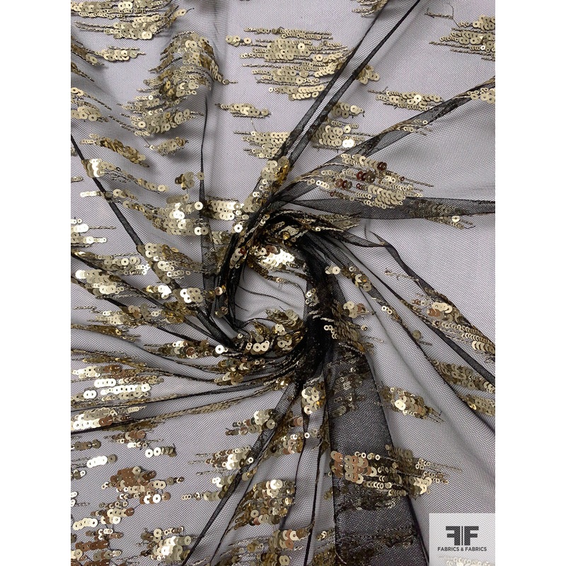 Glamorous Gradient Border Pattern Sequins on Fine Tulle – Gold / Black Fabric by the Yard