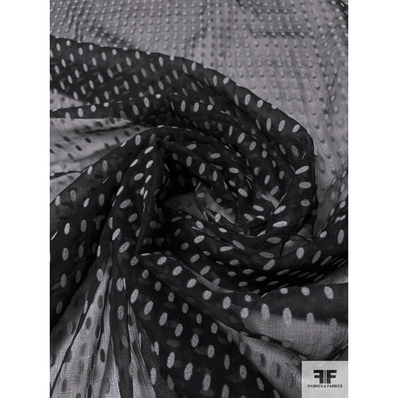 Italian Flocked Ovals Silk Chiffon – Black / Grey Fabric by the Yard