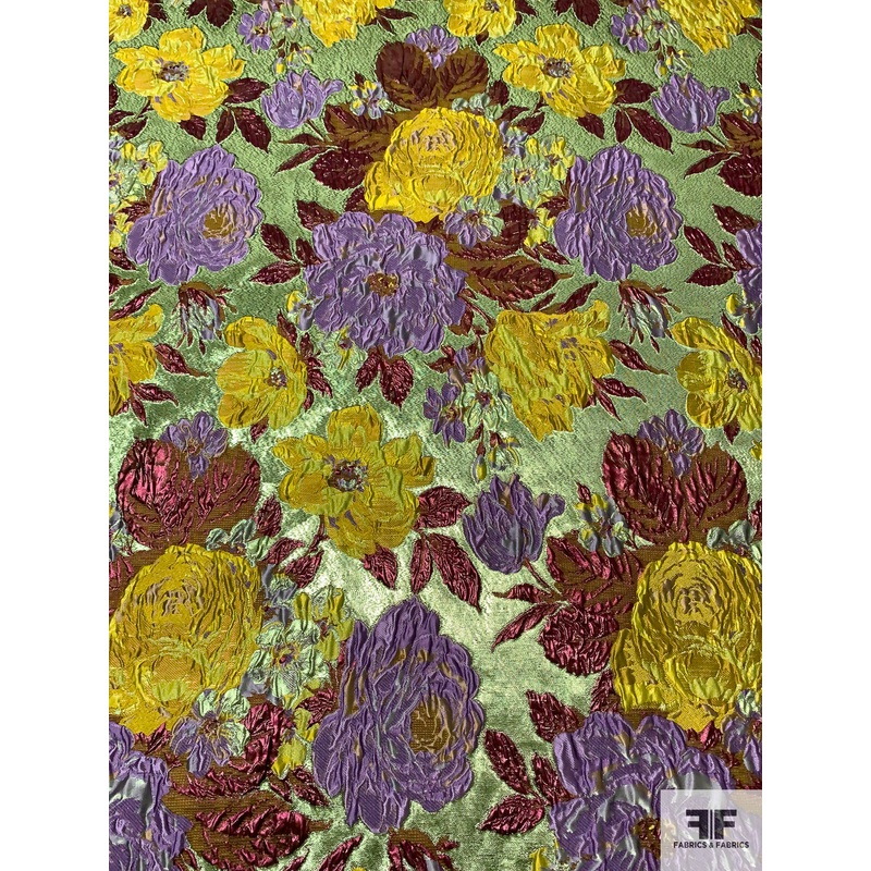 Italian Floral Textured Metallic Brocade – Metallic Green / Lavender / Plum / Mustard Fabric by the Yard