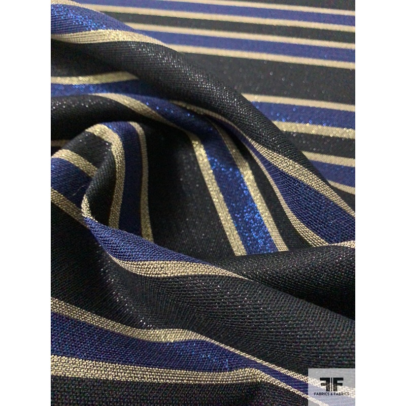 Italian Glam Striped Poly-Cotton Lam – Black / Blue / Gold Fabric by the Yard