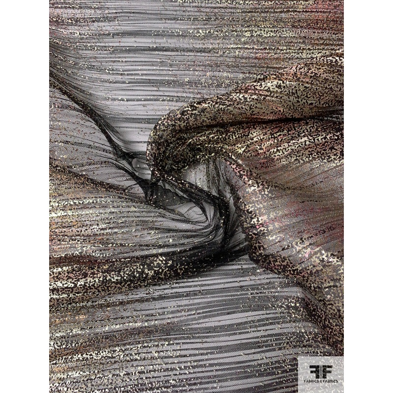 J Mendel Italian Glam Foil Printed Pleated Tulle – Black / Gold / Pink Fabric by the Yard