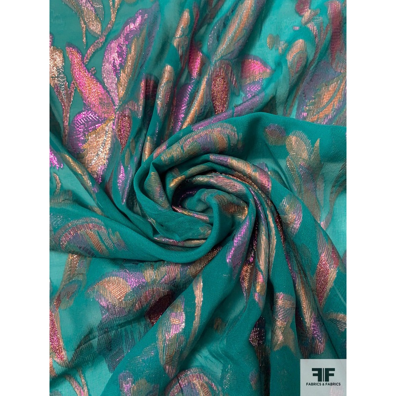J Mendel Italian Multicolor Metallic Floral Silk Chiffon – Persian Green / Rose Gold / Pink Fabric by the Yard