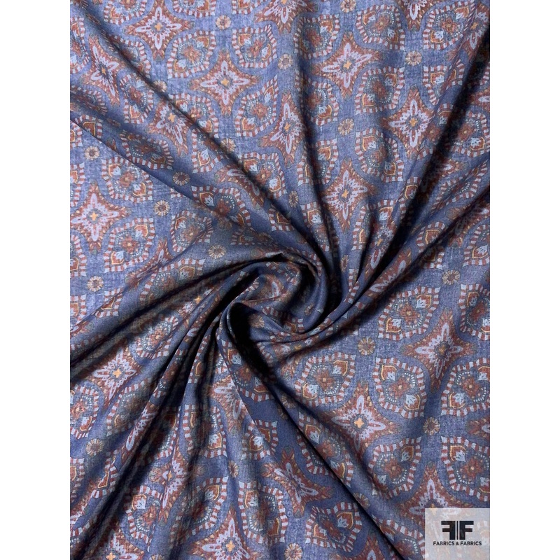 Ornate Graphic Printed Cotton Voile – Navy / Maroon / Postal Blue / Burnt Orange Fabric by the Yard