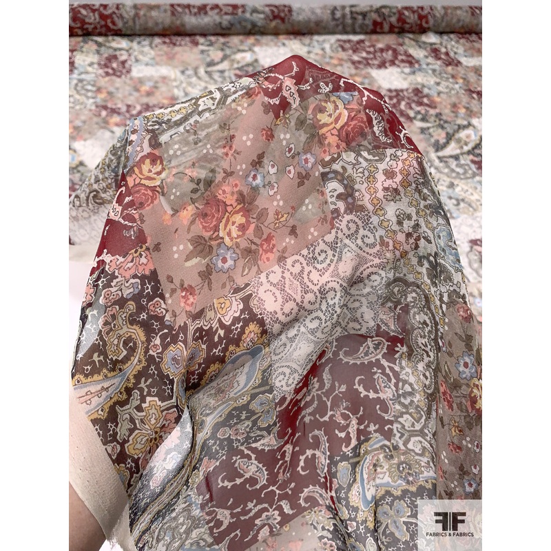Paisley Patchwork Printed Silk Chiffon – Maroon / Tan / Black / Off-White Fabric by the Yard