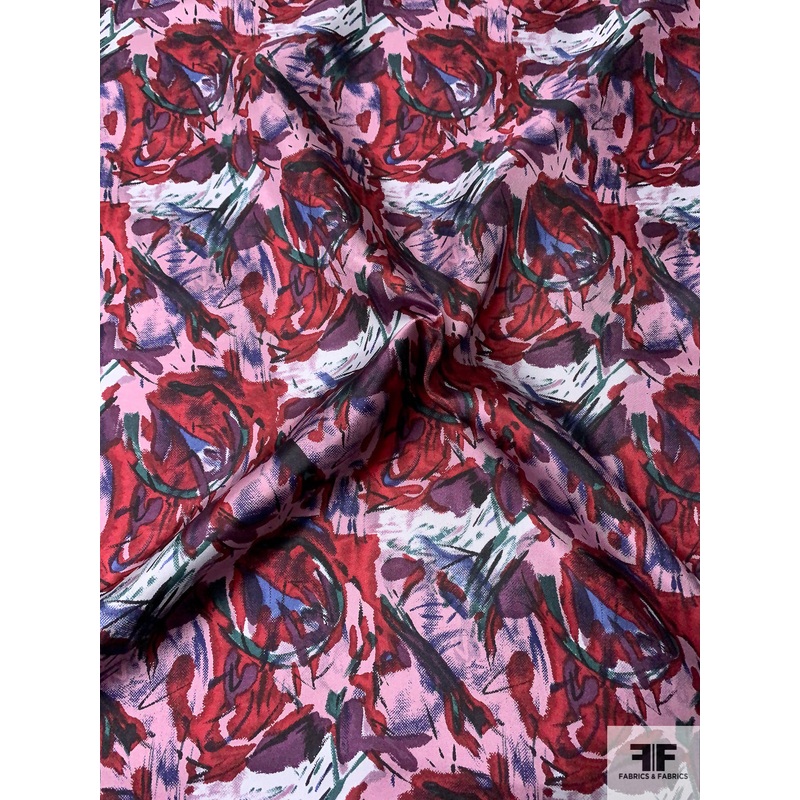 Abstract Painterly Floral Printed Vintage Silk Twill – Dusty Orchid / Purples / Wine Red Fabric by the Yard