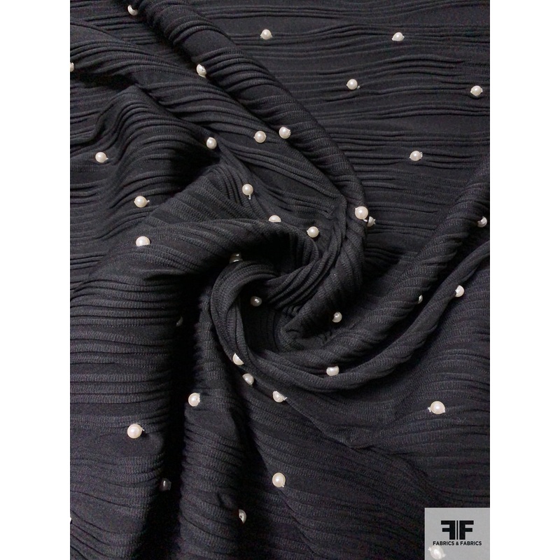 Black Textured Stretch Knit with Sewn on White Pearls Fabric by the Yard