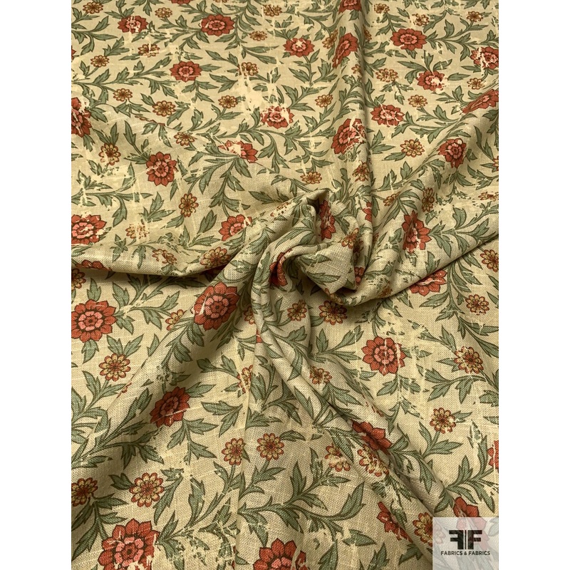 Earthy Floral Printed Linen – Green / Coral / Sand Fabric by the Yard