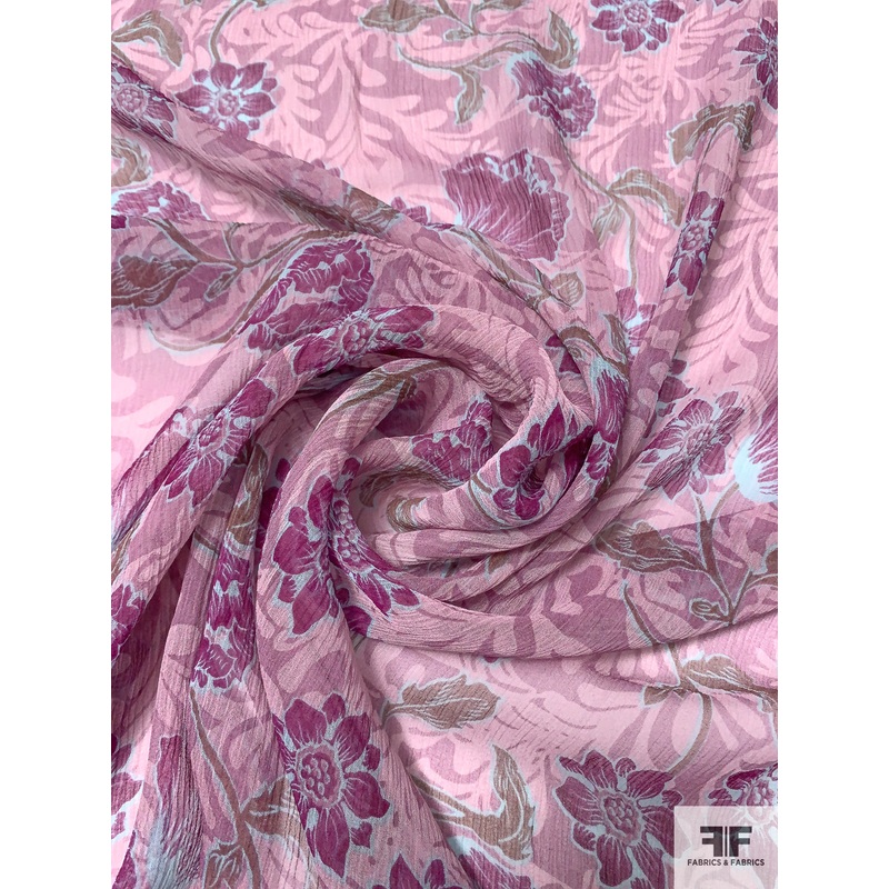 Floral Printed Crinkled Silk Chiffon – Shades of Purple / Aqua Blue / Brown Fabric by the Yard