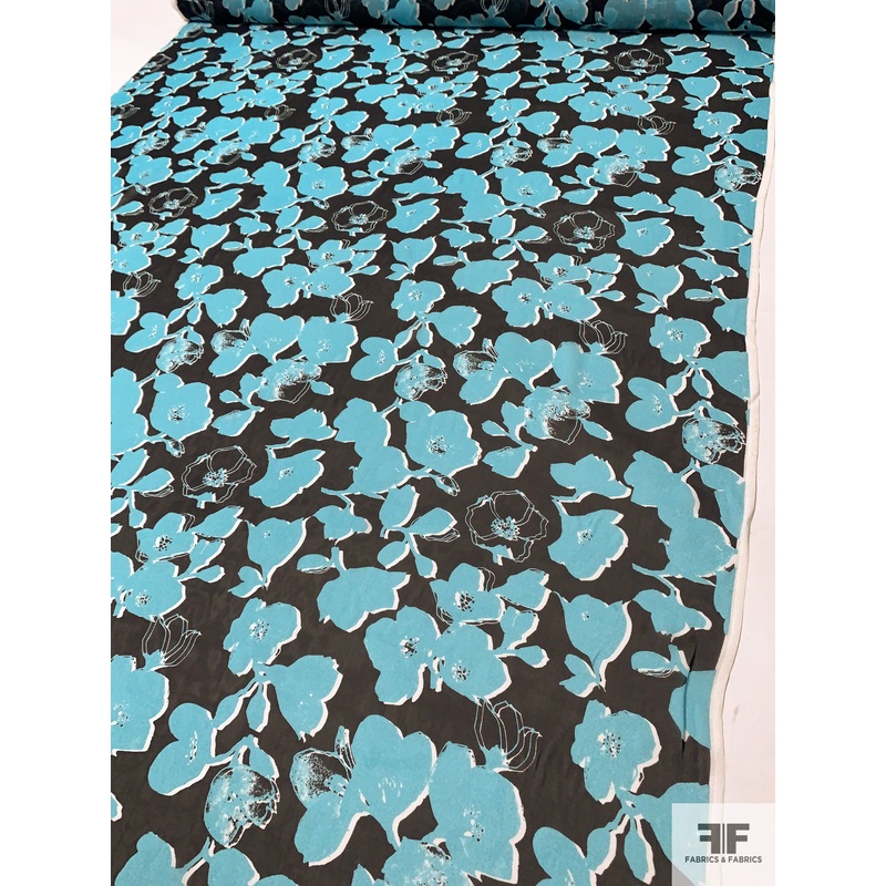 Floral Silhouette Printed Silk Chiffon – Turquoise / Black / White Fabric by the Yard