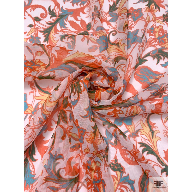 Floral Vine Printed Crinkled Silk Chiffon – Orange / Turquoise Blue / Green / White Fabric by the Yard