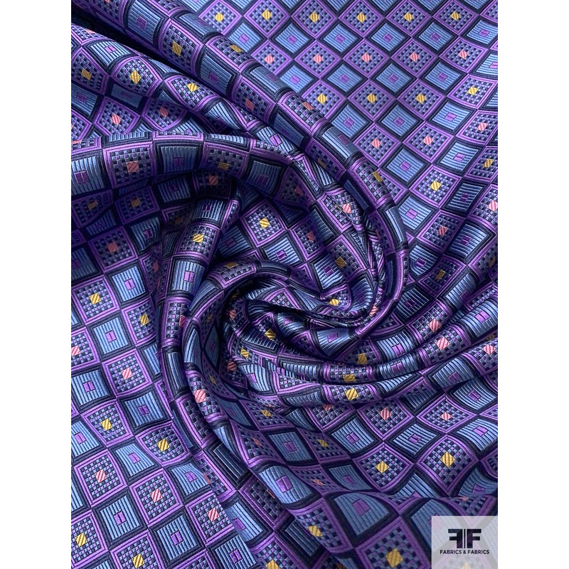 Geometric Silk Necktie Jacquard Brocade – Antique Blue / Purple / Navy / Pink Fabric by the Yard