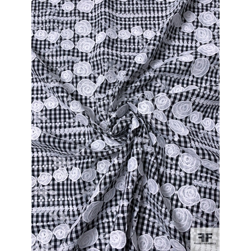 Gingham Check Cotton Shirting with Embroidered Floral Appliqu Lace – Black / White Fabric by the Yard