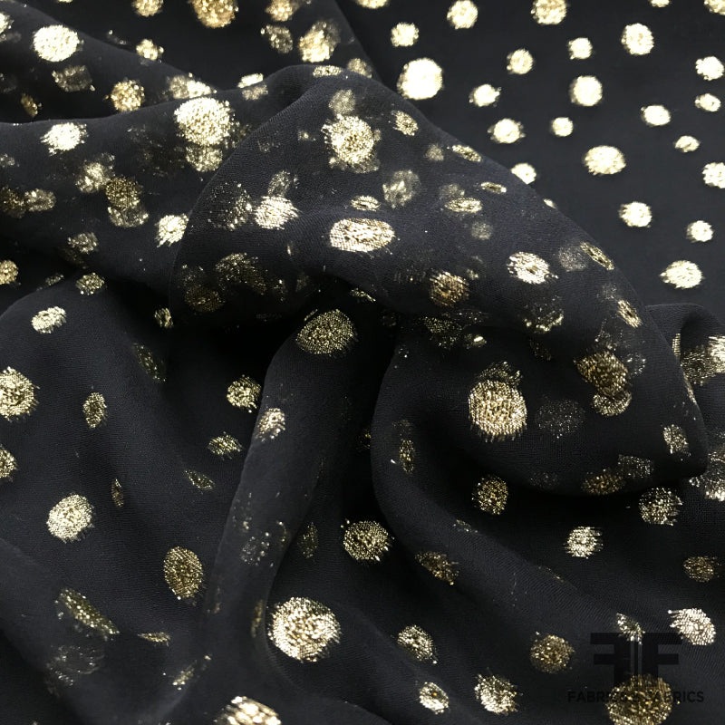 Italian Metallic Polka Dot Silk Chiffon – Black/Gold Metallic Fabric by the Yard