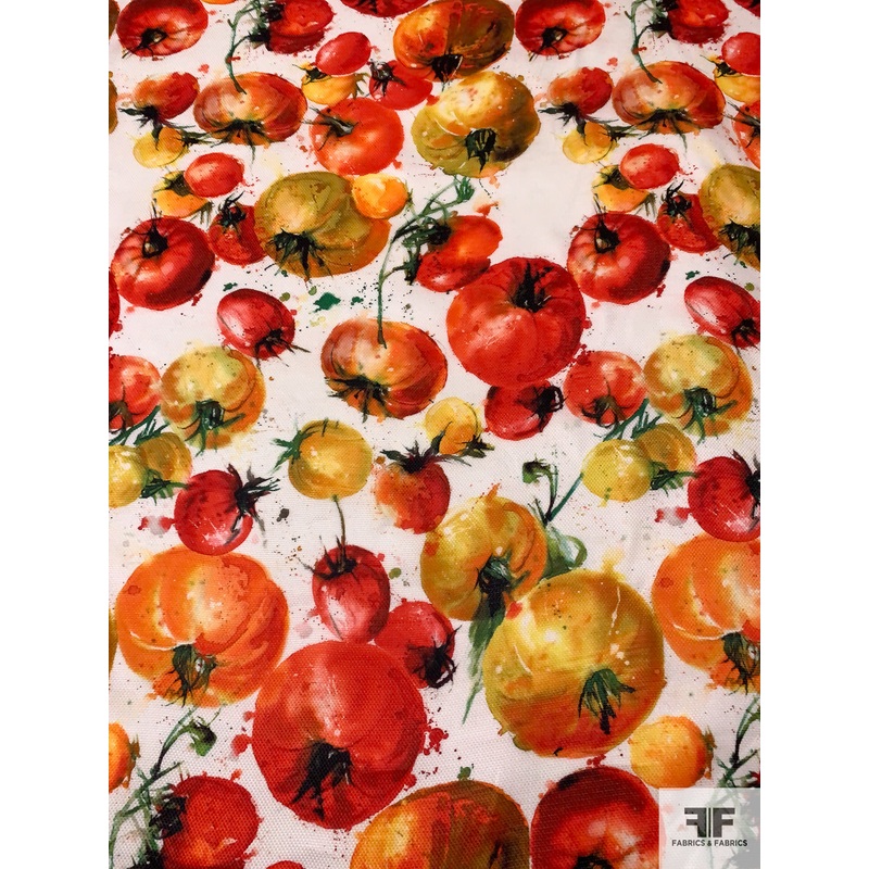 Italian Tomatos Printed Basketweave Silk Gazar – Red / Orange / Yellow / Off-White Fabric by the Yard