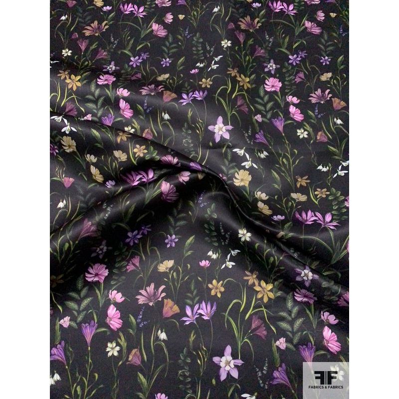 Landscape of Flowers Polyester Satin – Green / Lilac / Purple / Medallion Fabric by the Yard