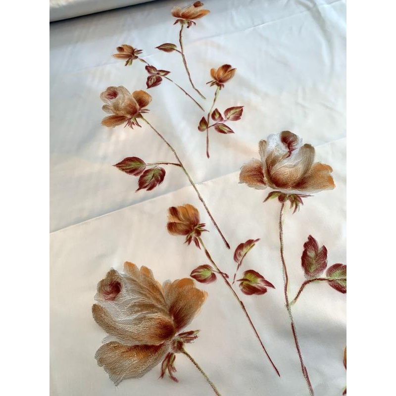 Made in France Vintage Embroidered and Hand Painted Floral Polyester Satin – Light Icey Blue / Maroon / Orange Fabric by the Panel
