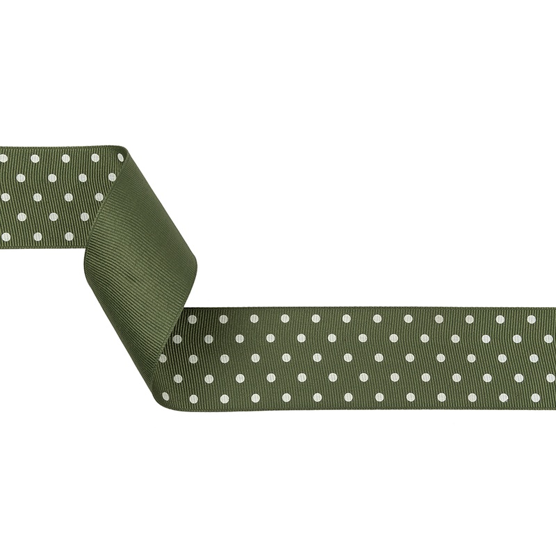 Pesto and White Polka Dots Grosgrain Ribbon – 1.625″