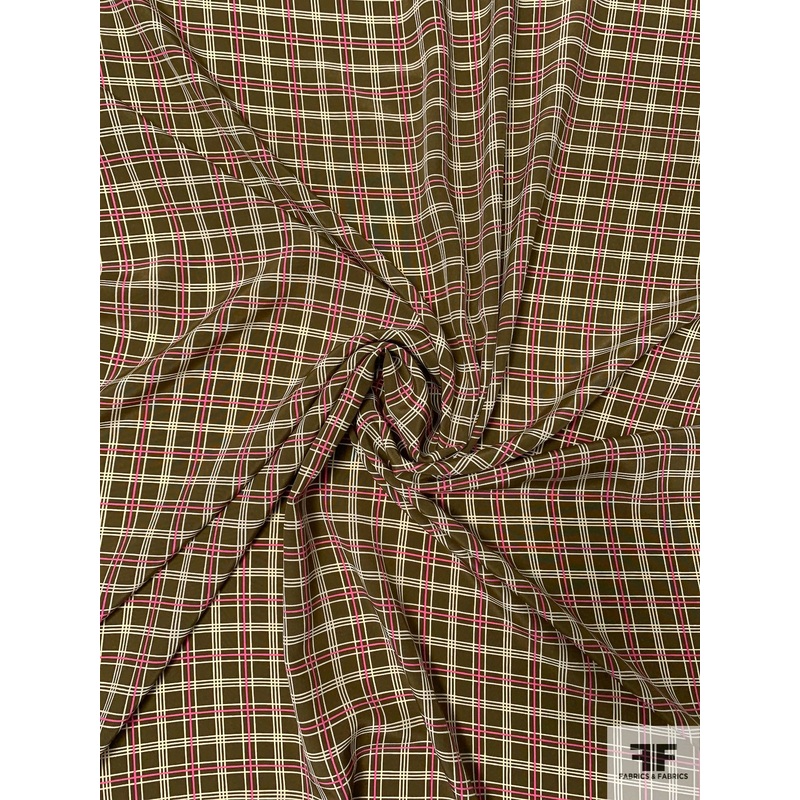 Plaid-Like Printed Silk Crepe de Chine – Olive-Brown / Pink / Cream Fabric by the Yard